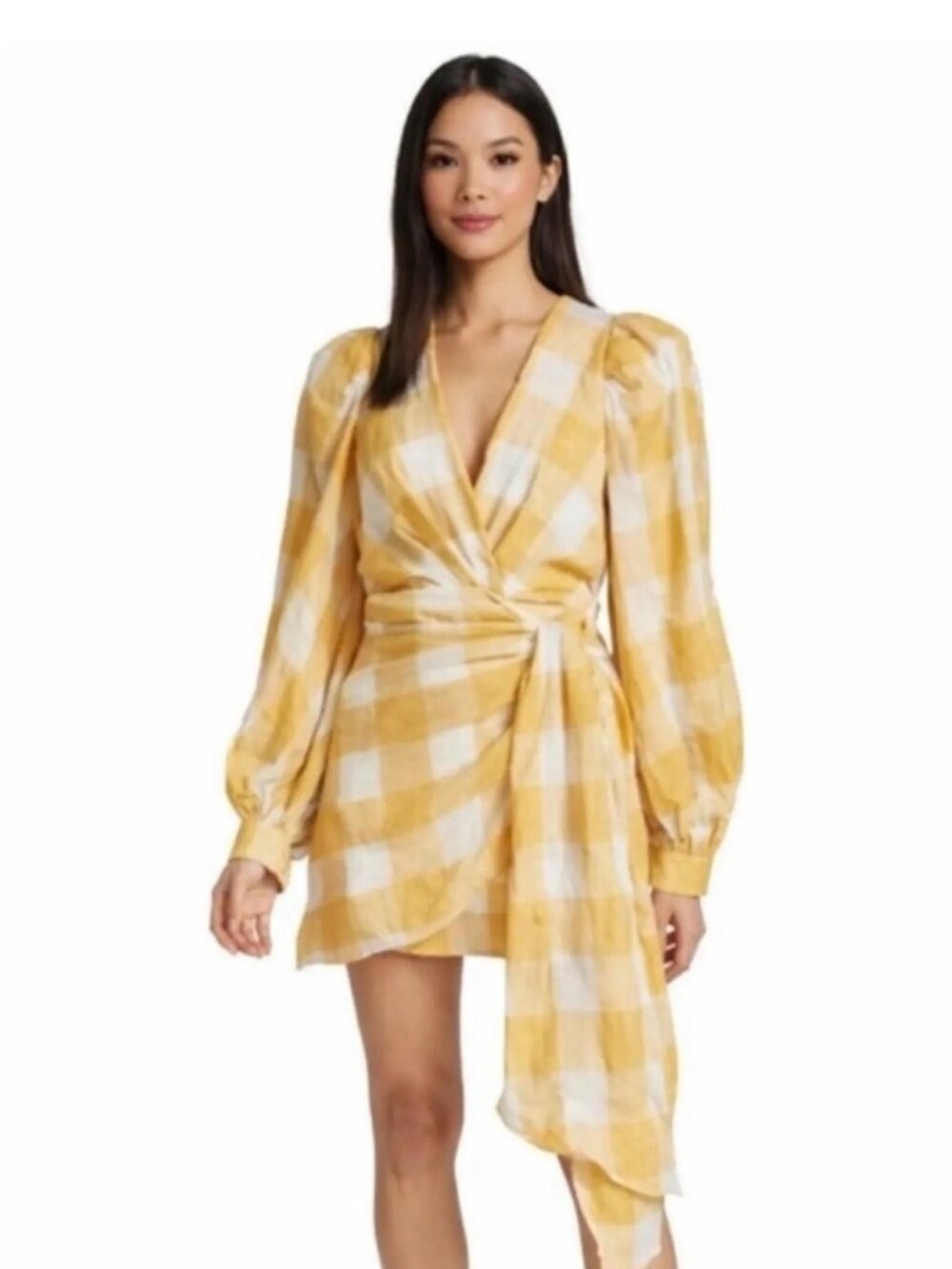 Acler Yellow and White Plaid Tie-Front Mini Dress